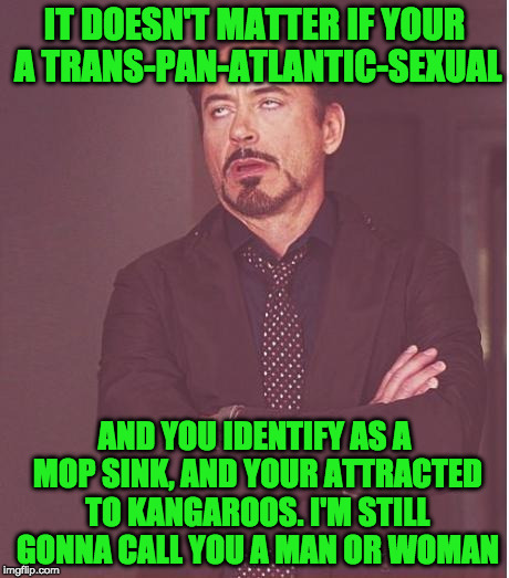 as a purple unicorn. i think its wrong there isn't more advocates speaking out for my kind | IT DOESN'T MATTER IF YOUR A TRANS-PAN-ATLANTIC-SEXUAL; AND YOU IDENTIFY AS A MOP SINK, AND YOUR ATTRACTED TO KANGAROOS. I'M STILL GONNA CALL YOU A MAN OR WOMAN | image tagged in memes,face you make robert downey jr | made w/ Imgflip meme maker