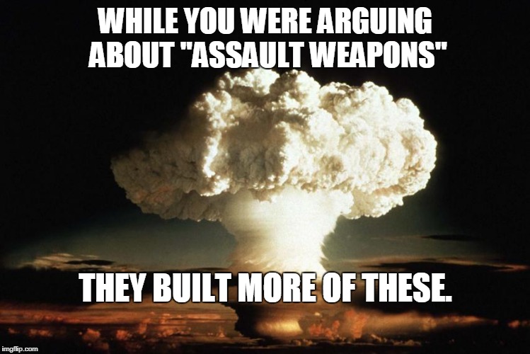 Narrative control | WHILE YOU WERE ARGUING ABOUT "ASSAULT WEAPONS"; THEY BUILT MORE OF THESE. | image tagged in nukes nuclear guns | made w/ Imgflip meme maker
