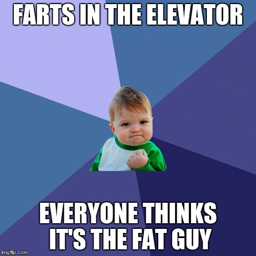 SUCCES KID | FARTS IN THE ELEVATOR; EVERYONE THINKS IT'S THE FAT GUY | image tagged in succes kid | made w/ Imgflip meme maker