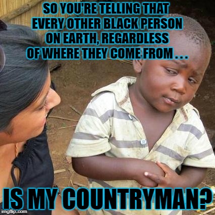 Third World Skeptical Kid Meme | SO YOU'RE TELLING THAT EVERY OTHER BLACK PERSON ON EARTH, REGARDLESS OF WHERE THEY COME FROM . . . IS MY COUNTRYMAN? | image tagged in memes,third world skeptical kid | made w/ Imgflip meme maker