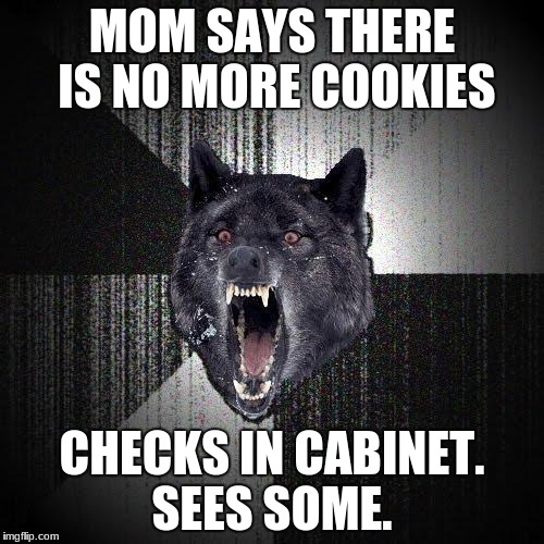 Insanity Wolf Meme | MOM SAYS THERE IS NO MORE COOKIES; CHECKS IN CABINET. SEES SOME. | image tagged in memes,insanity wolf | made w/ Imgflip meme maker