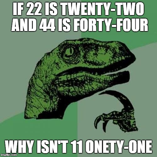 Philosoraptor Meme | IF 22 IS TWENTY-TWO AND 44 IS FORTY-FOUR; WHY ISN'T 11 ONETY-ONE | image tagged in memes,philosoraptor | made w/ Imgflip meme maker