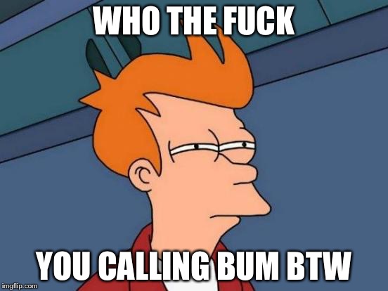 Futurama Fry Meme | WHO THE F**K YOU CALLING BUM BTW | image tagged in memes,futurama fry | made w/ Imgflip meme maker