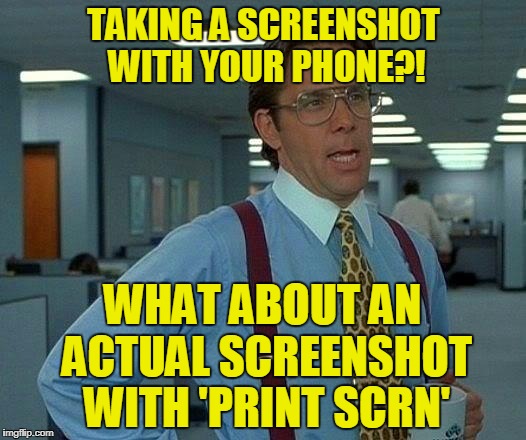 That Would Be Great Meme | TAKING A SCREENSHOT WITH YOUR PHONE?! WHAT ABOUT AN ACTUAL SCREENSHOT WITH 'PRINT SCRN' | image tagged in memes,that would be great | made w/ Imgflip meme maker