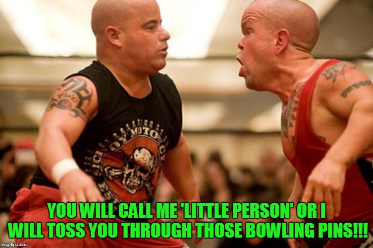 YOU WILL CALL ME 'LITTLE PERSON' OR I WILL TOSS YOU THROUGH THOSE BOWLING PINS!!! | made w/ Imgflip meme maker