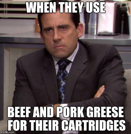 Michael Scott | WHEN THEY USE; BEEF AND PORK GREESE FOR THEIR CARTRIDGES | image tagged in michael scott | made w/ Imgflip meme maker