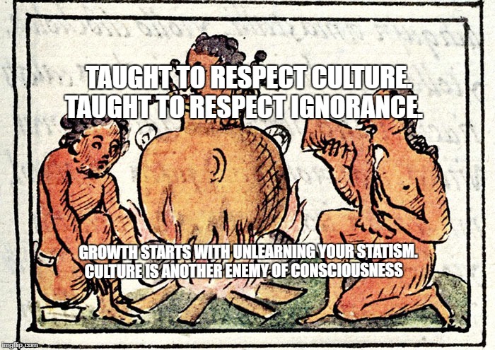 Culture | TAUGHT TO RESPECT CULTURE.  TAUGHT TO RESPECT IGNORANCE. GROWTH STARTS WITH UNLEARNING YOUR STATISM. CULTURE IS ANOTHER ENEMY OF CONSCIOUSNESS | image tagged in culture | made w/ Imgflip meme maker