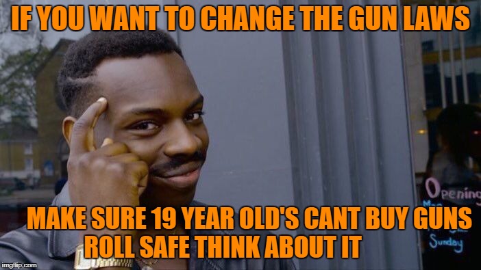 Roll Safe Think About It Meme | IF YOU WANT TO CHANGE THE GUN LAWS; MAKE SURE 19 YEAR OLD'S CANT BUY GUNS ROLL SAFE THINK ABOUT IT | image tagged in memes,roll safe think about it,gun control,gun laws,funny,true | made w/ Imgflip meme maker