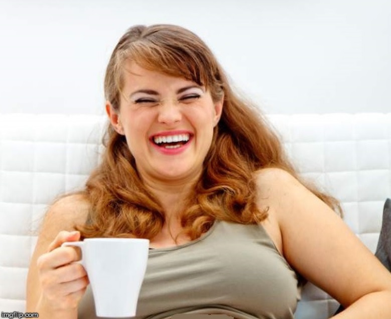 Woman with coffee laughing Blank Meme Template