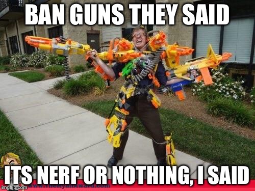 Nerfed | BAN GUNS THEY SAID; ITS NERF OR NOTHING, I SAID | image tagged in nerfed | made w/ Imgflip meme maker
