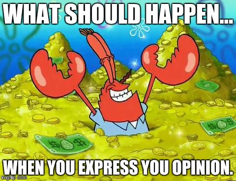 Mr Krabs | WHAT SHOULD HAPPEN... WHEN YOU EXPRESS YOU OPINION. | image tagged in mr krabs | made w/ Imgflip meme maker