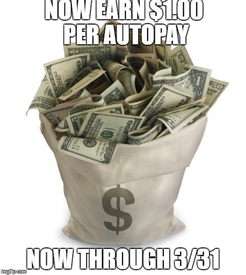 Bag of money | NOW EARN $1.00 PER AUTOPAY; NOW THROUGH 3/31 | image tagged in bag of money | made w/ Imgflip meme maker