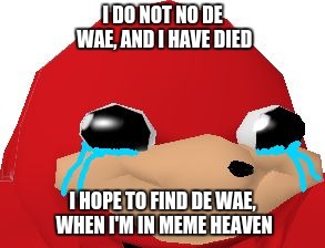 Crying Ugandan Knuckles Transparent | I DO NOT NO DE WAE, AND I HAVE DIED; I HOPE TO FIND DE WAE, WHEN I'M IN MEME HEAVEN | image tagged in crying ugandan knuckles transparent | made w/ Imgflip meme maker