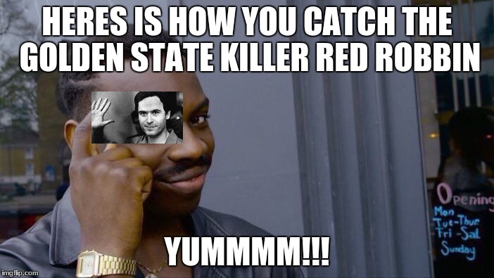 Roll Safe Think About It | HERES IS HOW YOU CATCH THE GOLDEN STATE KILLER RED ROBBIN; YUMMMM!!! | image tagged in memes,roll safe think about it | made w/ Imgflip meme maker