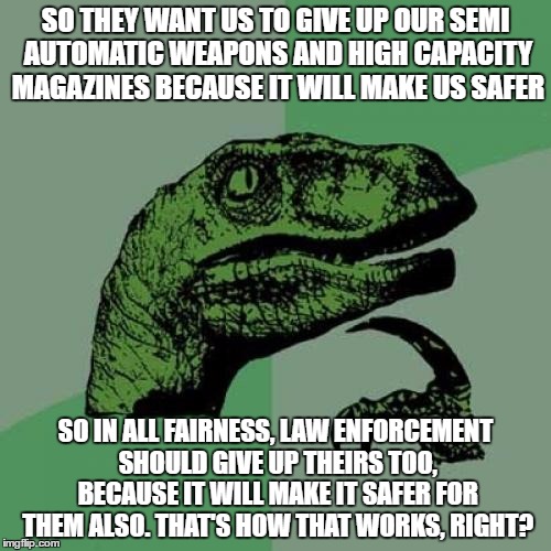 Philosoraptor Meme | SO THEY WANT US TO GIVE UP OUR SEMI AUTOMATIC WEAPONS AND HIGH CAPACITY MAGAZINES BECAUSE IT WILL MAKE US SAFER; SO IN ALL FAIRNESS, LAW ENFORCEMENT SHOULD GIVE UP THEIRS TOO, BECAUSE IT WILL MAKE IT SAFER FOR THEM ALSO. THAT'S HOW THAT WORKS, RIGHT? | image tagged in memes,philosoraptor,random | made w/ Imgflip meme maker