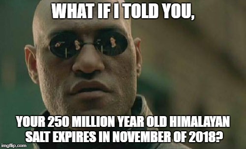 Matrix Morpheus | WHAT IF I TOLD YOU, YOUR 250 MILLION YEAR OLD HIMALAYAN SALT EXPIRES IN NOVEMBER OF 2018? | image tagged in memes,matrix morpheus | made w/ Imgflip meme maker