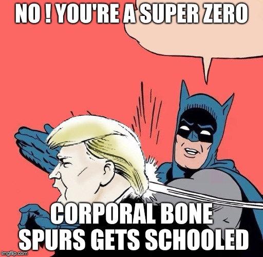 Batman slaps Trump | NO ! YOU'RE A SUPER ZERO; CORPORAL BONE SPURS GETS SCHOOLED | image tagged in batman slaps trump | made w/ Imgflip meme maker