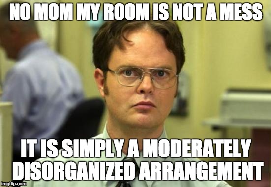 its not a mess | NO MOM MY ROOM IS NOT A MESS; IT IS SIMPLY A MODERATELY DISORGANIZED
ARRANGEMENT | image tagged in dwight the office,the office memes | made w/ Imgflip meme maker