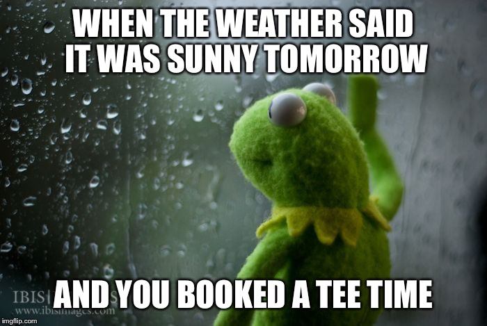 kermit window | WHEN THE WEATHER SAID IT WAS SUNNY TOMORROW; AND YOU BOOKED A TEE TIME | image tagged in kermit window | made w/ Imgflip meme maker