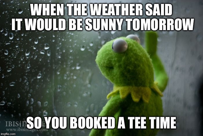 kermit window | WHEN THE WEATHER SAID IT WOULD BE SUNNY TOMORROW; SO YOU BOOKED A TEE TIME | image tagged in kermit window | made w/ Imgflip meme maker
