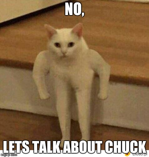 Buff Half Cat | NO, LETS TALK ABOUT CHUCK | image tagged in buff half cat | made w/ Imgflip meme maker