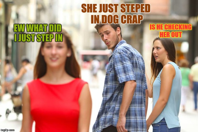 Distracted Boyfriend Meme | SHE JUST STEPED IN DOG CRAP; IS HE CHECKING HER OUT; EW WHAT DID I JUST STEP IN | image tagged in memes,distracted boyfriend | made w/ Imgflip meme maker