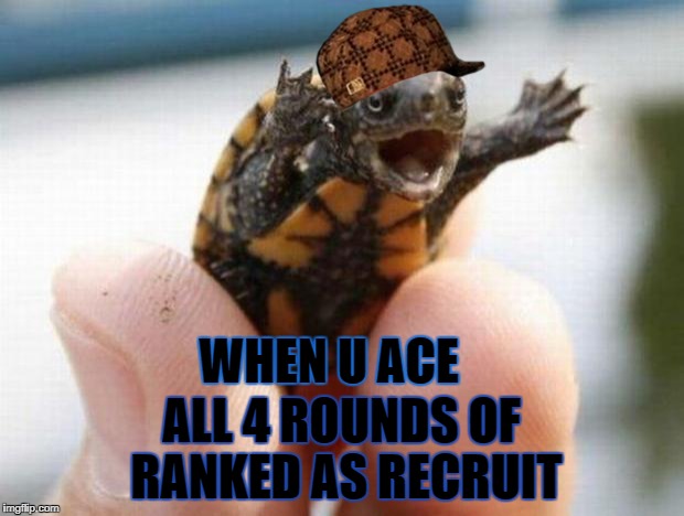 happy baby turtle | WHEN U ACE; ALL 4 ROUNDS OF RANKED AS RECRUIT | image tagged in happy baby turtle,scumbag | made w/ Imgflip meme maker