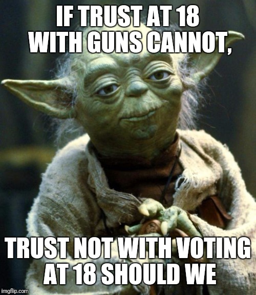 Yoda on pod eaters | IF TRUST AT 18 WITH GUNS CANNOT, TRUST NOT WITH VOTING AT 18 SHOULD WE | image tagged in memes,star wars yoda | made w/ Imgflip meme maker