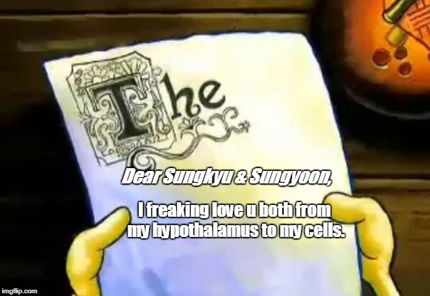 spongebob essay | Dear Sungkyu & Sungyoon, I freaking love u both from my hypothalamus to my cells. | image tagged in spongebob essay | made w/ Imgflip meme maker