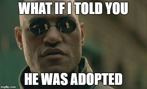 Matrix Morpheus Meme | WHAT IF I TOLD YOU HE WAS ADOPTED | image tagged in memes,matrix morpheus | made w/ Imgflip meme maker