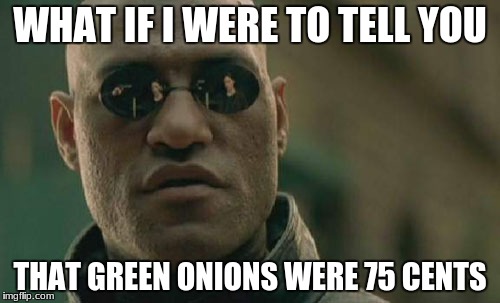 75 cents green onions | WHAT IF I WERE TO TELL YOU; THAT GREEN ONIONS WERE 75 CENTS | image tagged in memes,matrix morpheus | made w/ Imgflip meme maker