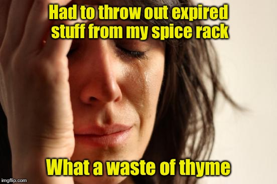 First world puns |  Had to throw out expired stuff from my spice rack; What a waste of thyme | image tagged in memes,first world problems,waste of time,bad pun | made w/ Imgflip meme maker