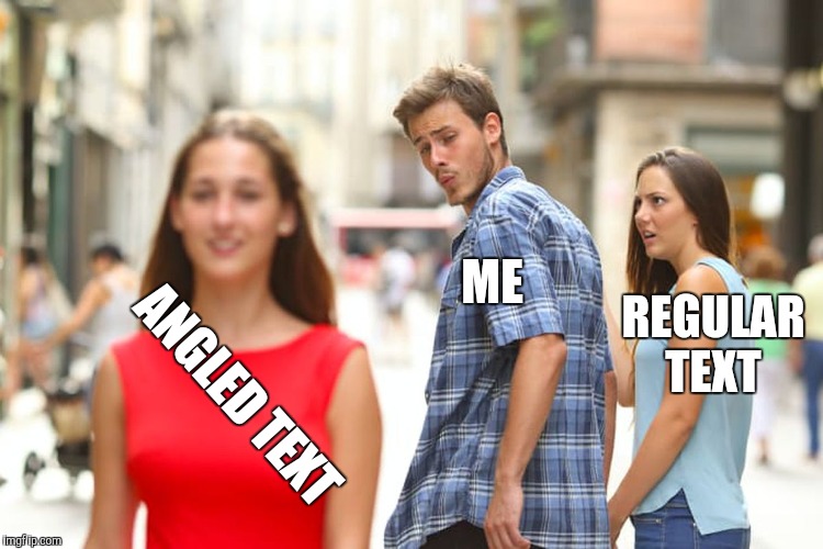 Distracted Boyfriend Meme | ANGLED TEXT ME REGULAR TEXT | image tagged in memes,distracted boyfriend | made w/ Imgflip meme maker
