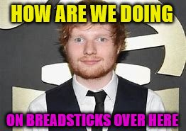 HOW ARE WE DOING; ON BREADSTICKS OVER HERE | image tagged in ed sheeran,waiter | made w/ Imgflip meme maker