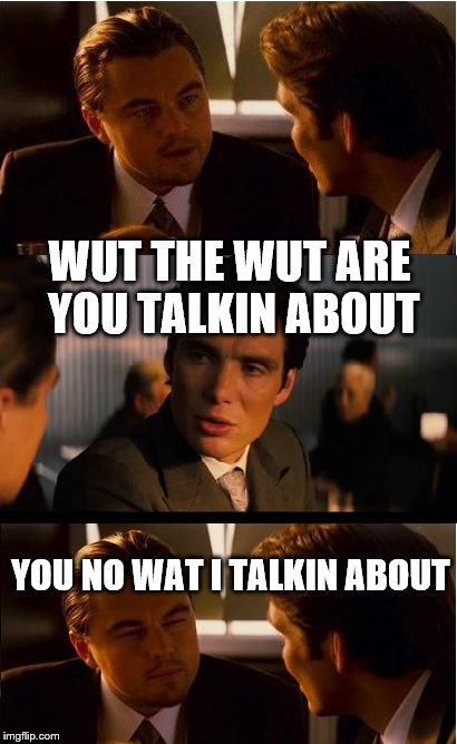 Inception | WUT THE WUT ARE YOU TALKIN ABOUT; YOU NO WAT I TALKIN ABOUT | image tagged in memes,inception | made w/ Imgflip meme maker