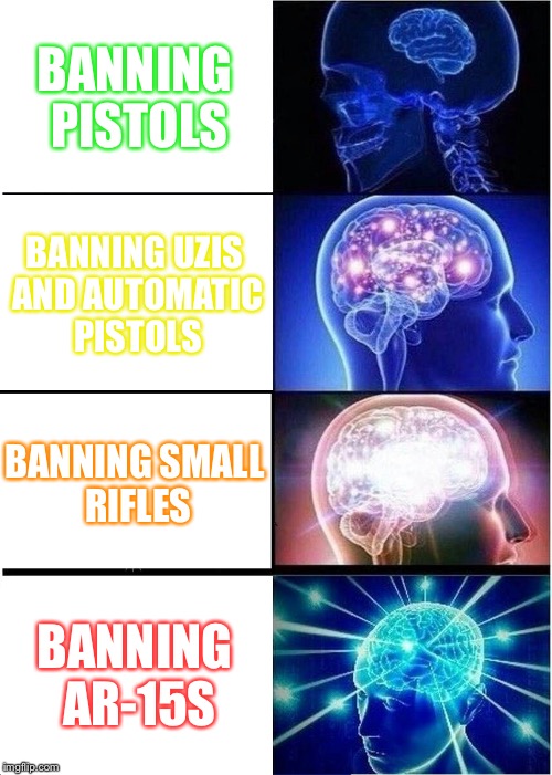 NOT THE AR15S | BANNING PISTOLS; BANNING UZIS AND AUTOMATIC PISTOLS; BANNING SMALL RIFLES; BANNING AR-15S | image tagged in memes,expanding brain,ar15,ban,trump,school shooting | made w/ Imgflip meme maker