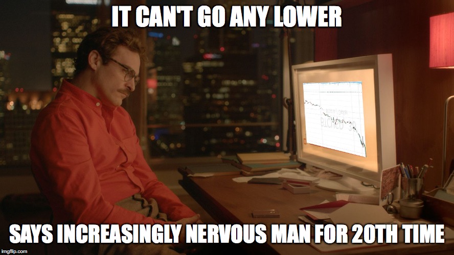 IT CAN'T GO ANY LOWER; SAYS INCREASINGLY NERVOUS MAN FOR 20TH TIME | image tagged in btcman | made w/ Imgflip meme maker