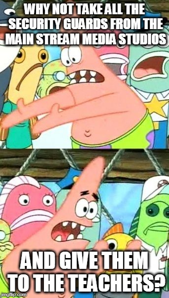 Put It Somewhere Else Patrick Meme | WHY NOT TAKE ALL THE SECURITY GUARDS FROM THE MAIN STREAM MEDIA STUDIOS; AND GIVE THEM TO THE TEACHERS? | image tagged in memes,put it somewhere else patrick | made w/ Imgflip meme maker