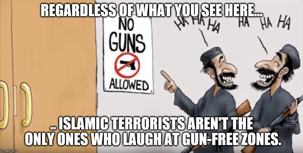 Gun-Free Zone Joke | REGARDLESS OF WHAT YOU SEE HERE... .. ISLAMIC TERRORISTS AREN'T THE ONLY ONES WHO LAUGH AT GUN-FREE ZONES. | image tagged in gun free zone,gun control sucks,swiped from a conservative political cartoon,credit to af branco | made w/ Imgflip meme maker