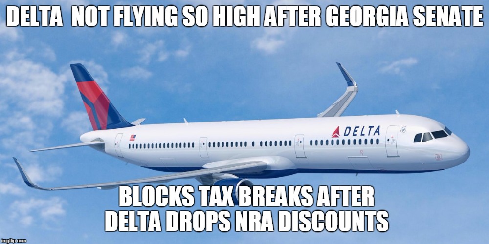 delta gets you there - without an ass kicking | DELTA  NOT FLYING SO HIGH AFTER GEORGIA SENATE; BLOCKS TAX BREAKS AFTER DELTA DROPS NRA DISCOUNTS | image tagged in delta gets you there - without an ass kicking | made w/ Imgflip meme maker