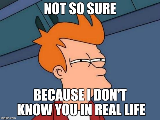 NOT SO SURE BECAUSE I DON'T KNOW YOU IN REAL LIFE | image tagged in memes,futurama fry | made w/ Imgflip meme maker