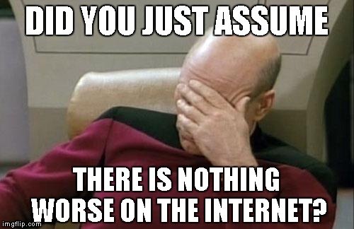 Captain Picard Facepalm Meme | DID YOU JUST ASSUME THERE IS NOTHING WORSE ON THE INTERNET? | image tagged in memes,captain picard facepalm | made w/ Imgflip meme maker