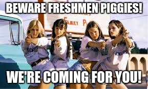 Beware!! | BEWARE FRESHMEN PIGGIES! WE'RE COMING FOR YOU! | image tagged in dazed and confused | made w/ Imgflip meme maker