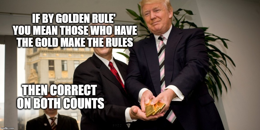 IF BY GOLDEN RULE' YOU MEAN THOSE WHO HAVE THE GOLD MAKE THE RULES THEN CORRECT ON BOTH COUNTS | made w/ Imgflip meme maker