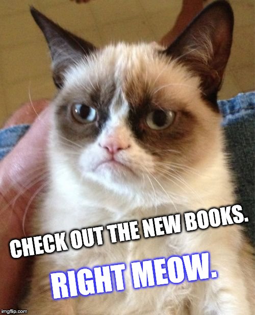 Grumpy Cat | CHECK OUT THE NEW BOOKS. RIGHT MEOW. | image tagged in memes,grumpy cat | made w/ Imgflip meme maker