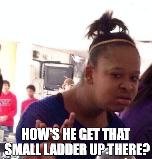 Black Girl Wat Meme | HOW'S HE GET THAT SMALL LADDER UP THERE? | image tagged in memes,black girl wat | made w/ Imgflip meme maker