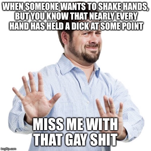 That's gay | WHEN SOMEONE WANTS TO SHAKE HANDS, BUT YOU KNOW THAT NEARLY EVERY HAND HAS HELD A DICK AT SOME POINT; MISS ME WITH THAT GAY SHIT | image tagged in no thanks guy,handshake | made w/ Imgflip meme maker