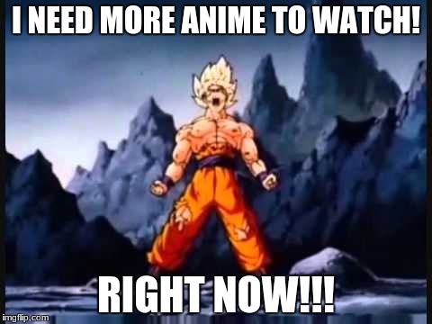 I need more anime | I NEED MORE ANIME TO WATCH! RIGHT NOW!!! | image tagged in goku yelling | made w/ Imgflip meme maker