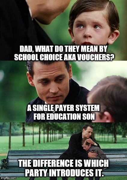 It's all the same. | DAD, WHAT DO THEY MEAN BY SCHOOL CHOICE AKA VOUCHERS? A SINGLE PAYER SYSTEM FOR EDUCATION SON; THE DIFFERENCE IS WHICH PARTY INTRODUCES IT. | image tagged in memes,finding neverland | made w/ Imgflip meme maker