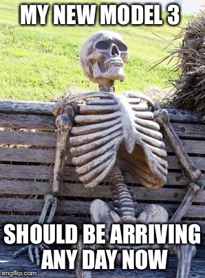 Waiting Skeleton | MY NEW MODEL 3; SHOULD BE ARRIVING ANY DAY NOW | image tagged in memes,waiting skeleton | made w/ Imgflip meme maker